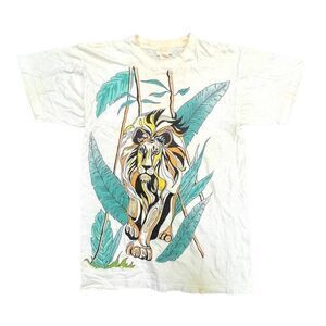 Vtg 80s Tiger Themed White T-Shirt Sz Medium Bedazzled